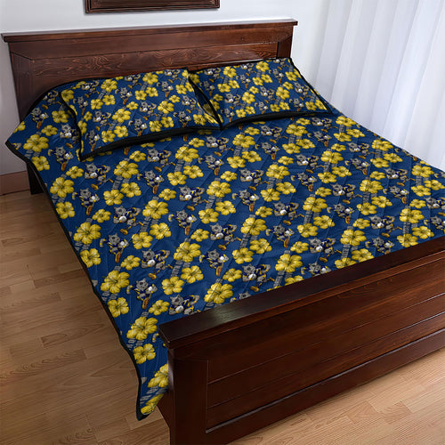 North Queensland Cowboys Quilt Bed Set Tropical Hibiscus Floral Seamless Rugby Mascot