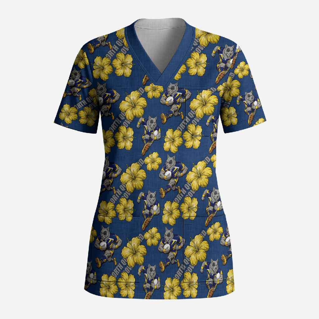 North Queensland Cowboys Scrub Top Tropical Hibiscus Floral Seamless Rugby Mascot