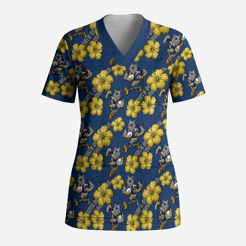 North Queensland Cowboys Scrub Top Tropical Hibiscus Floral Seamless Rugby Mascot