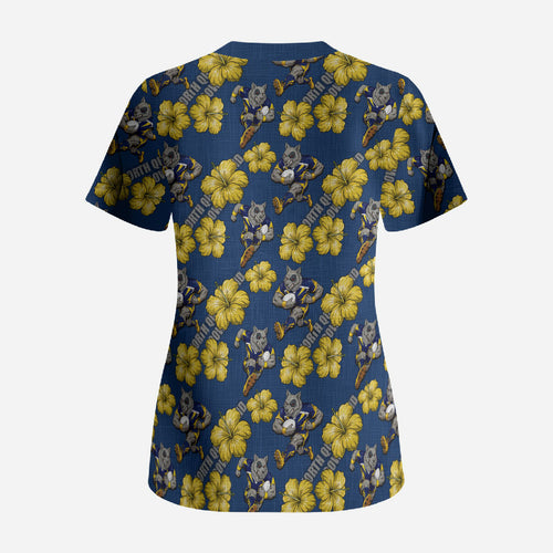 North Queensland Cowboys Scrub Top Tropical Hibiscus Floral Seamless Rugby Mascot
