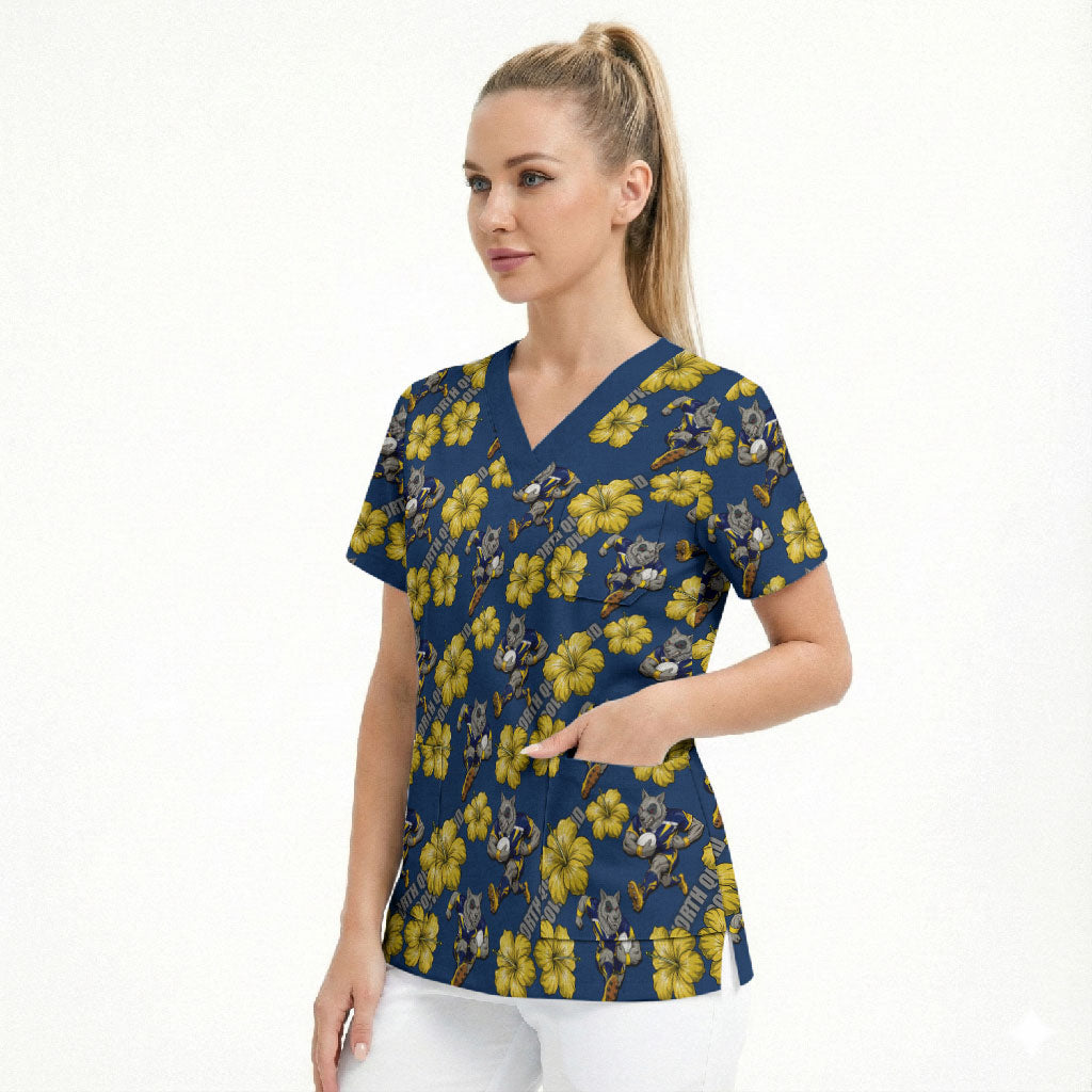 North Queensland Cowboys Scrub Top Tropical Hibiscus Floral Seamless Rugby Mascot