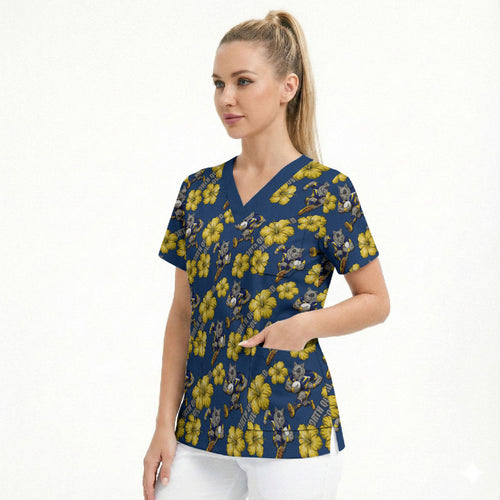 North Queensland Cowboys Scrub Top Tropical Hibiscus Floral Seamless Rugby Mascot