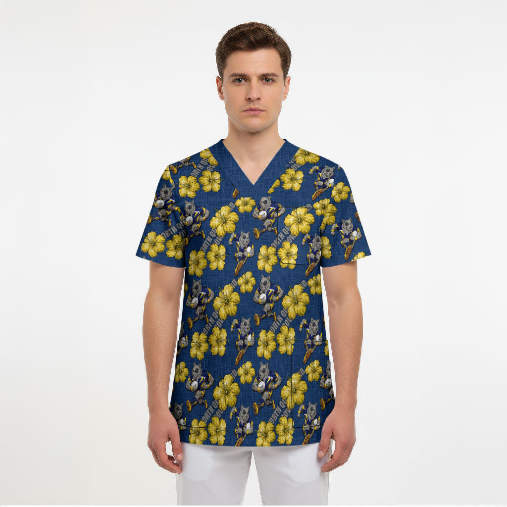 North Queensland Cowboys Scrub Top Tropical Hibiscus Floral Seamless Rugby Mascot