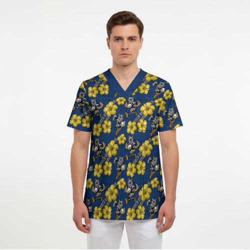 North Queensland Cowboys Scrub Top Tropical Hibiscus Floral Seamless Rugby Mascot