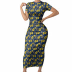 North Queensland Cowboys Short Sleeve Bodycon Dress Tropical Hibiscus Floral Seamless Rugby Mascot