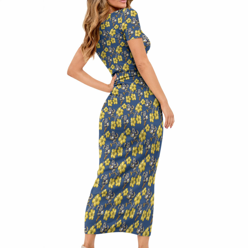 North Queensland Cowboys Short Sleeve Bodycon Dress Tropical Hibiscus Floral Seamless Rugby Mascot
