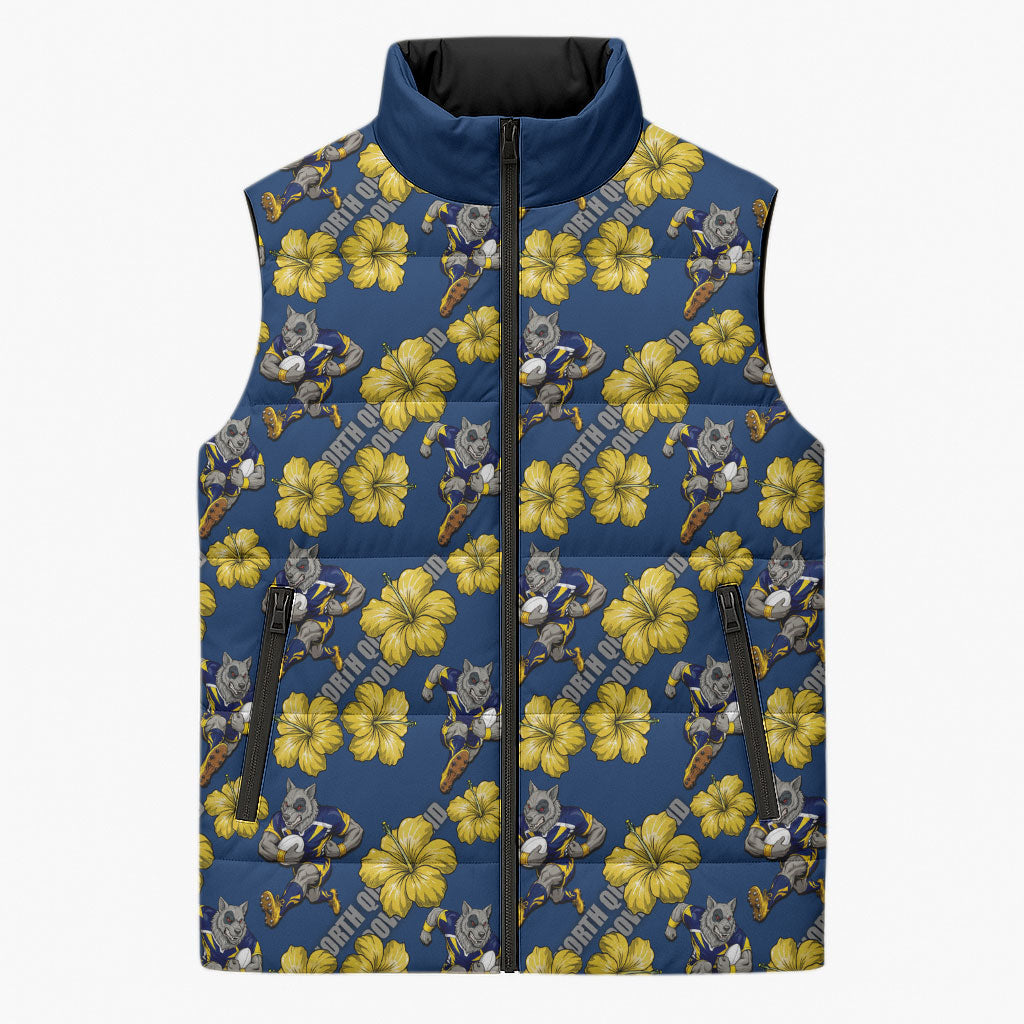 North Queensland Cowboys Sleeveless Puffer Jacket Tropical Hibiscus Floral Seamless Rugby Mascot