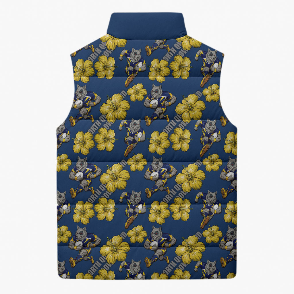North Queensland Cowboys Sleeveless Puffer Jacket Tropical Hibiscus Floral Seamless Rugby Mascot