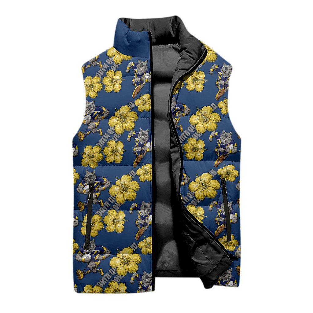 North Queensland Cowboys Sleeveless Puffer Jacket Tropical Hibiscus Floral Seamless Rugby Mascot