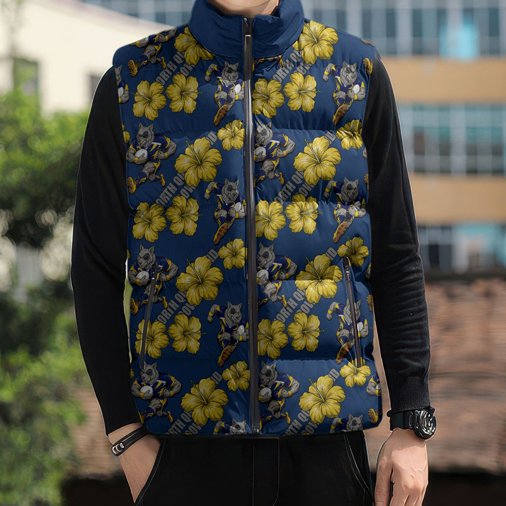 North Queensland Cowboys Sleeveless Puffer Jacket Tropical Hibiscus Floral Seamless Rugby Mascot