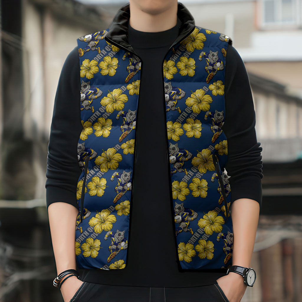 North Queensland Cowboys Sleeveless Puffer Jacket Tropical Hibiscus Floral Seamless Rugby Mascot