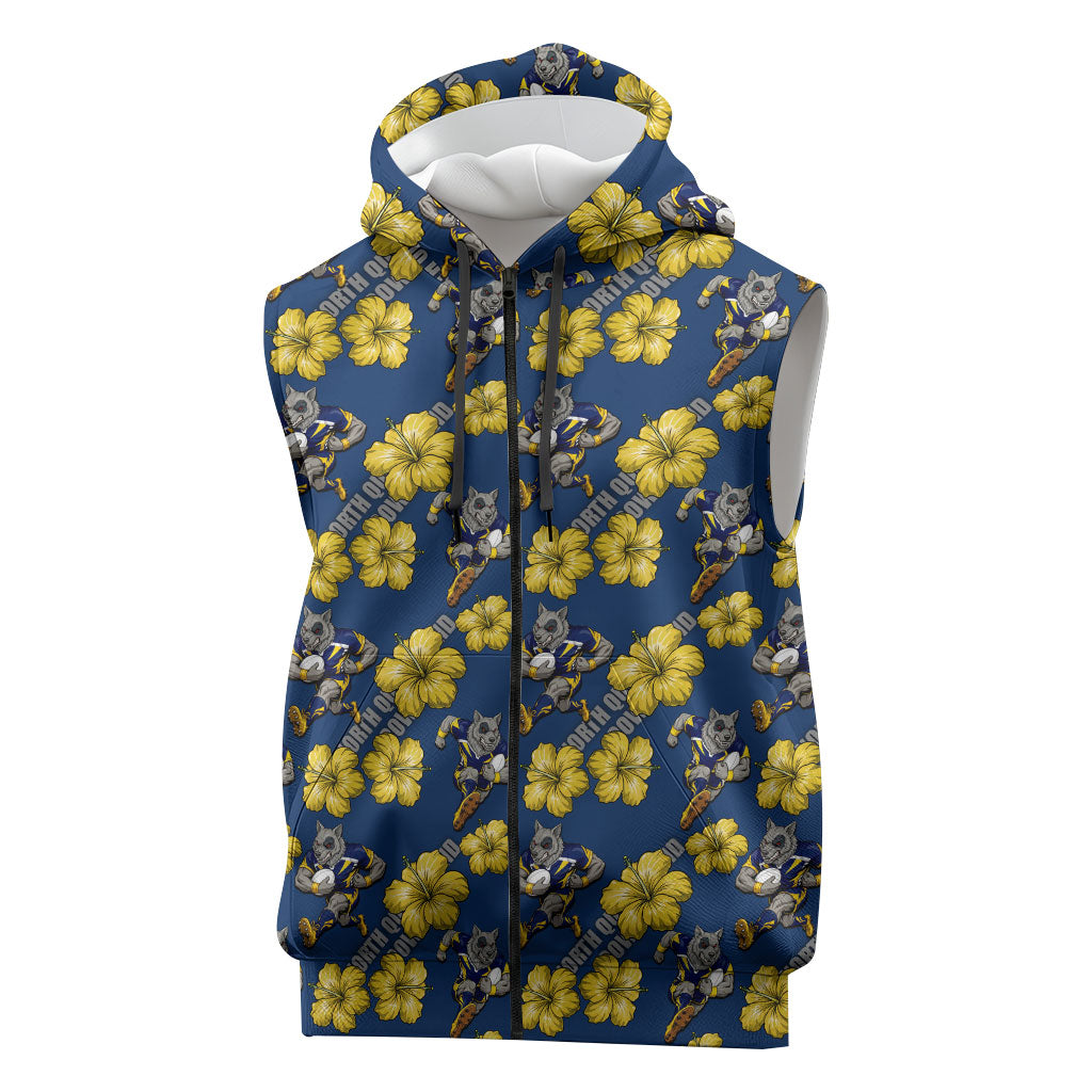 North Queensland Cowboys Sleeveless Zip Hoodie Tropical Hibiscus Floral Seamless Rugby Mascot