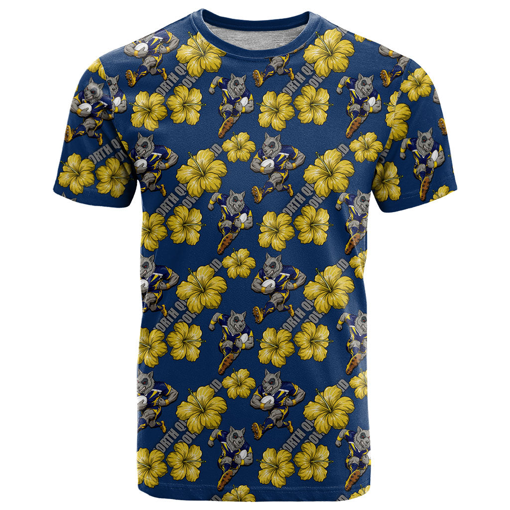 North Queensland Cowboys T Shirt Tropical Hibiscus Floral Seamless Rugby Mascot