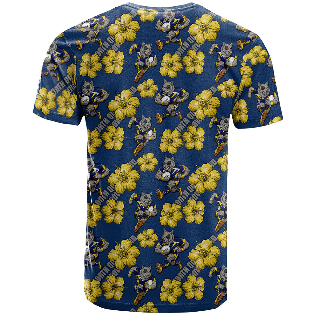 North Queensland Cowboys T Shirt Tropical Hibiscus Floral Seamless Rugby Mascot