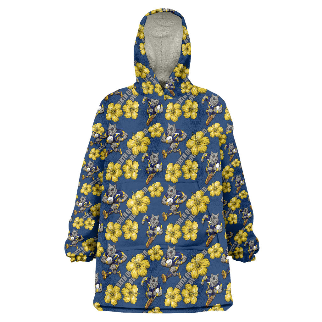 North Queensland Cowboys Wearable Blanket Hoodie Tropical Hibiscus Floral Seamless Rugby Mascot