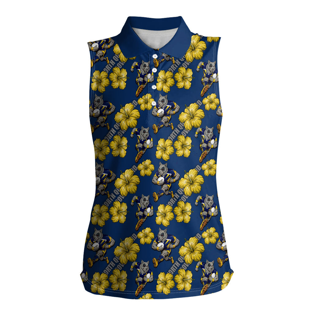North Queensland Cowboys Women Sleeveless Polo Shirt Tropical Hibiscus Floral Seamless Rugby Mascot