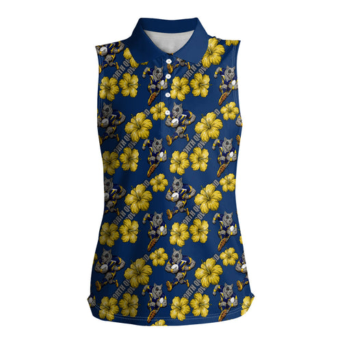 North Queensland Cowboys Women Sleeveless Polo Shirt Tropical Hibiscus Floral Seamless Rugby Mascot