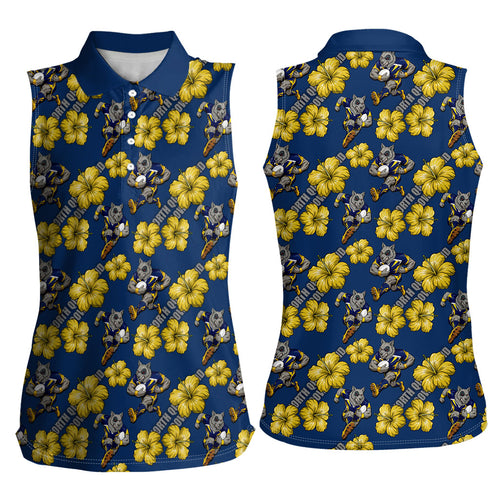 North Queensland Cowboys Women Sleeveless Polo Shirt Tropical Hibiscus Floral Seamless Rugby Mascot