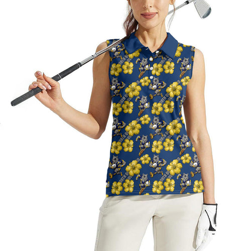 North Queensland Cowboys Women Sleeveless Polo Shirt Tropical Hibiscus Floral Seamless Rugby Mascot
