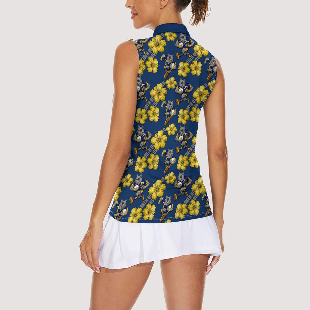 North Queensland Cowboys Women Sleeveless Polo Shirt Tropical Hibiscus Floral Seamless Rugby Mascot