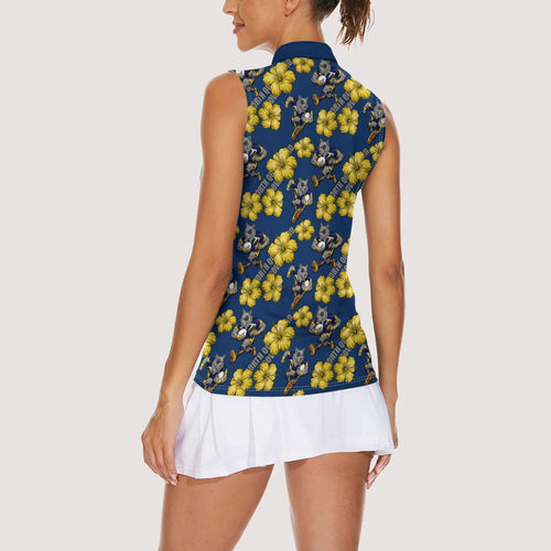 North Queensland Cowboys Women Sleeveless Polo Shirt Tropical Hibiscus Floral Seamless Rugby Mascot