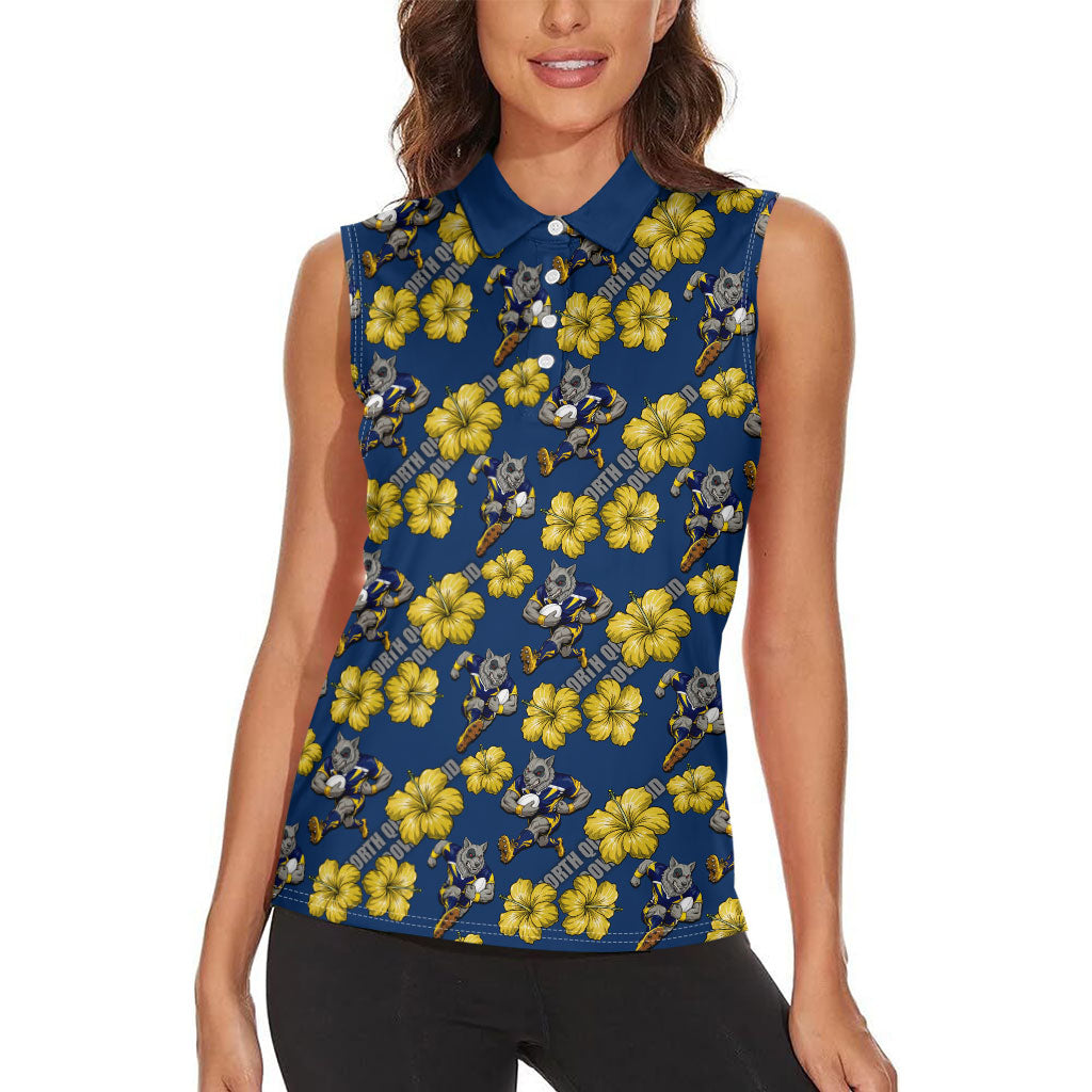 North Queensland Cowboys Women Sleeveless Polo Shirt Tropical Hibiscus Floral Seamless Rugby Mascot