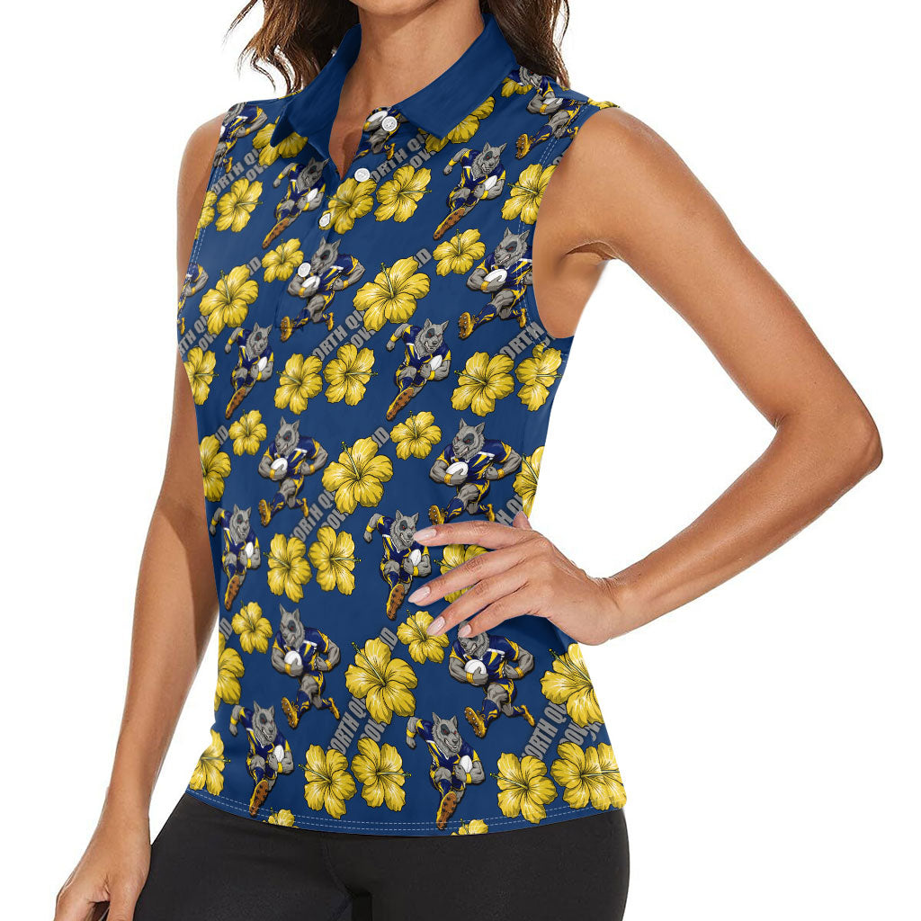 North Queensland Cowboys Women Sleeveless Polo Shirt Tropical Hibiscus Floral Seamless Rugby Mascot