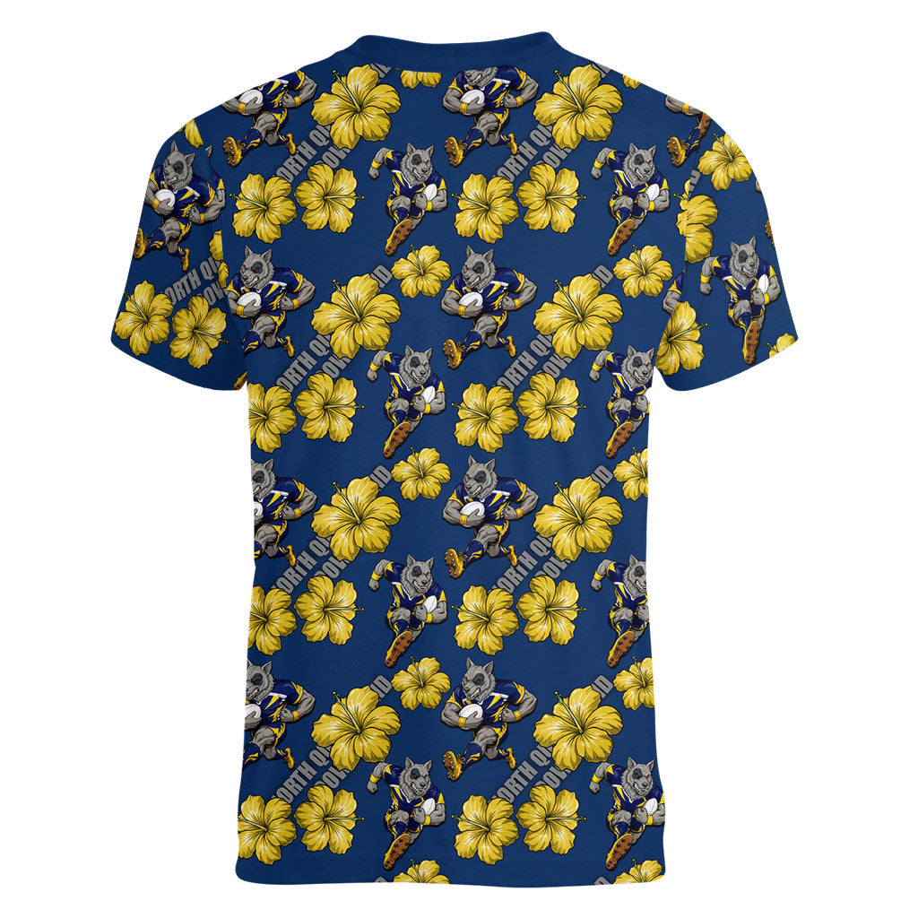 North Queensland Cowboys Women V-Neck T-Shirt Tropical Hibiscus Floral Seamless Rugby Mascot