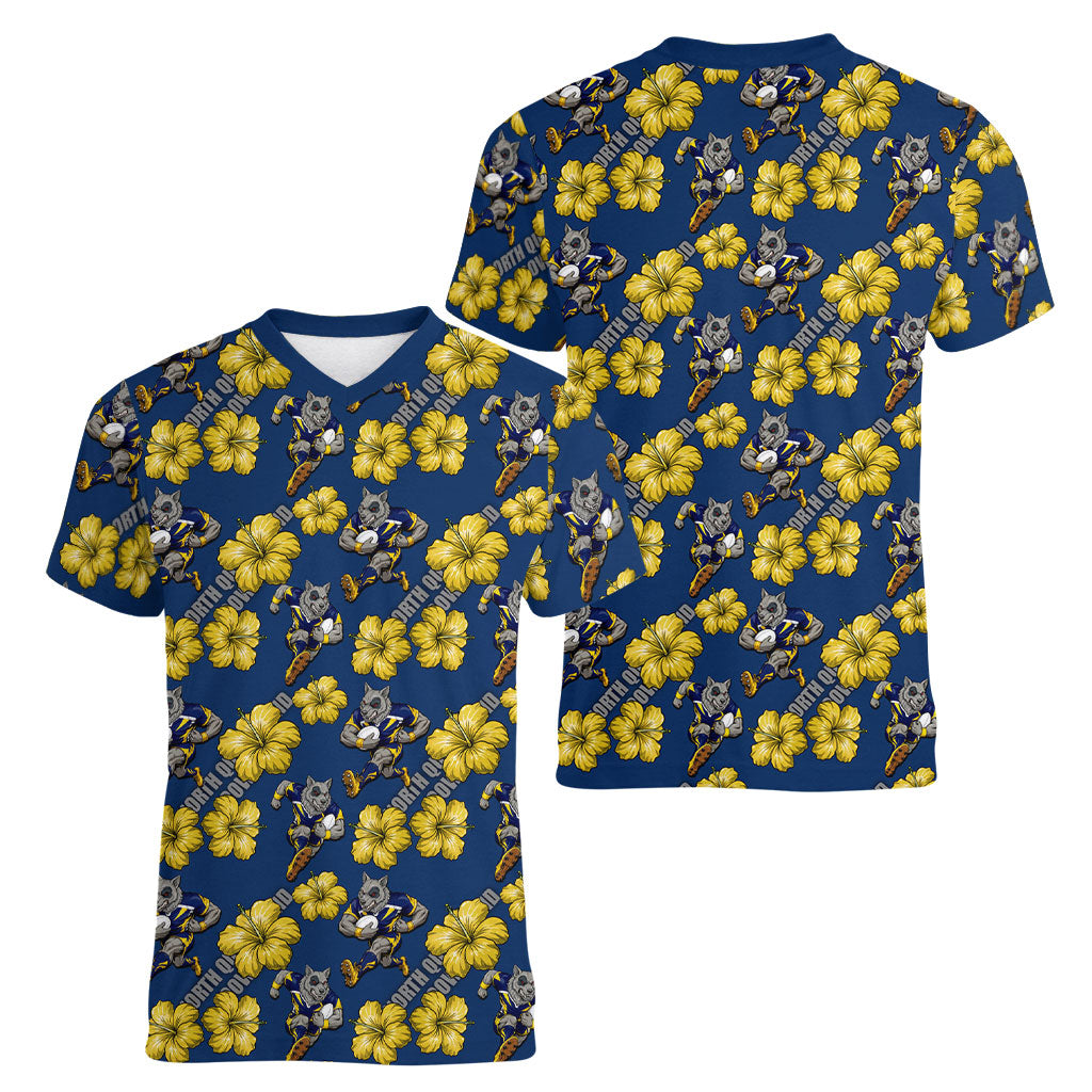 North Queensland Cowboys Women V-Neck T-Shirt Tropical Hibiscus Floral Seamless Rugby Mascot