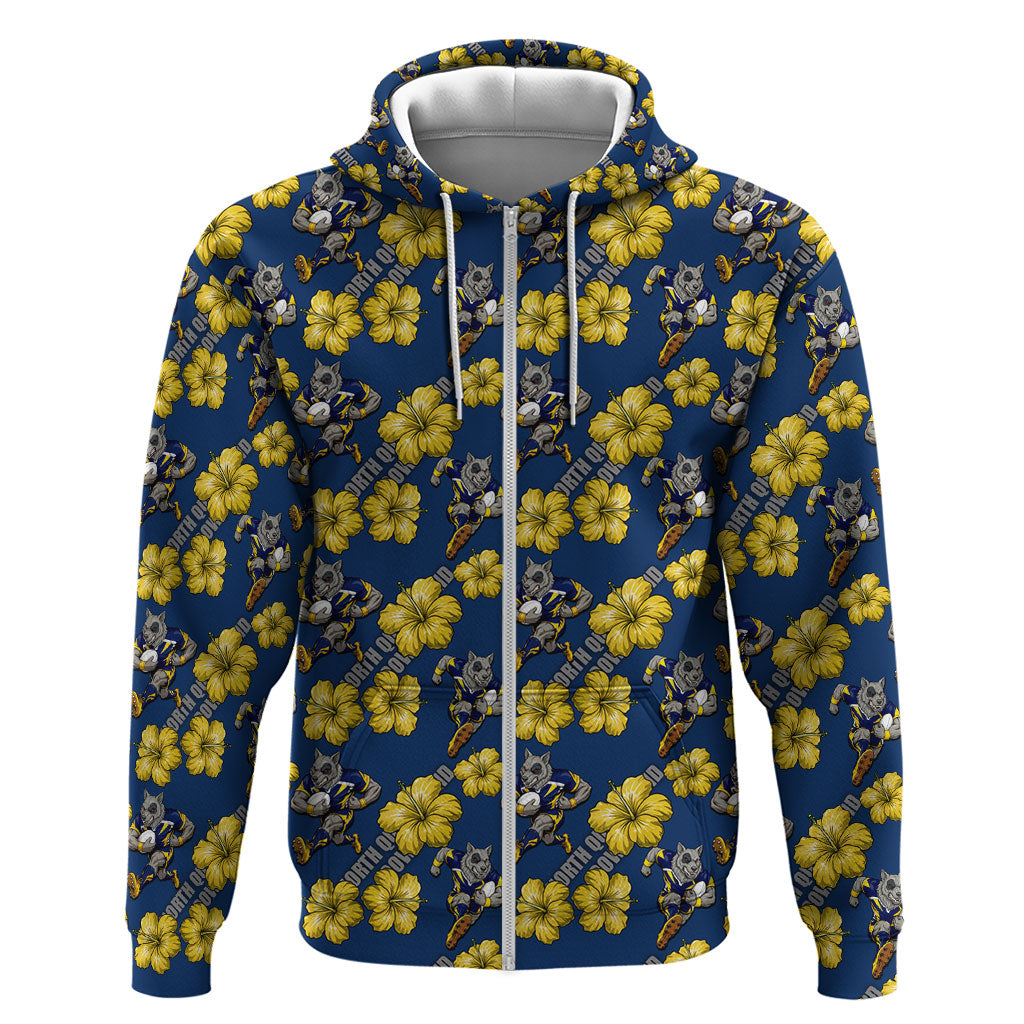North Queensland Cowboys Zip Hoodie Tropical Hibiscus Floral Seamless Rugby Mascot
