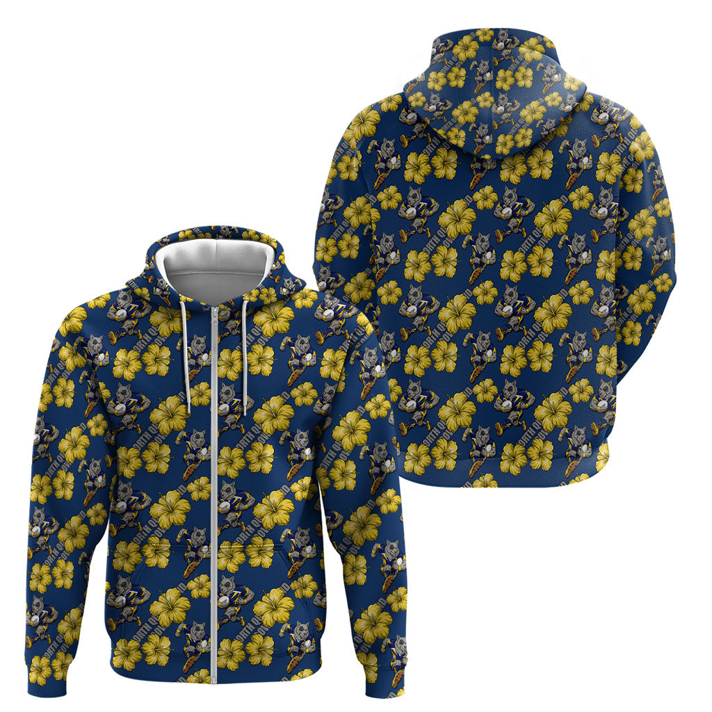 North Queensland Cowboys Zip Hoodie Tropical Hibiscus Floral Seamless Rugby Mascot