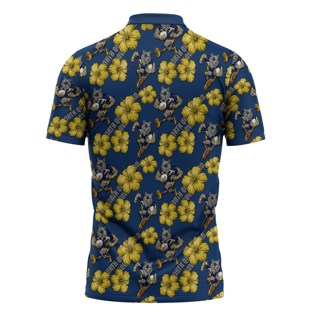 North Queensland Cowboys Zipper Polo Shirt Tropical Hibiscus Floral Seamless Rugby Mascot