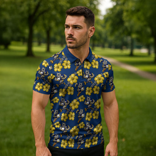 North Queensland Cowboys Zipper Polo Shirt Tropical Hibiscus Floral Seamless Rugby Mascot