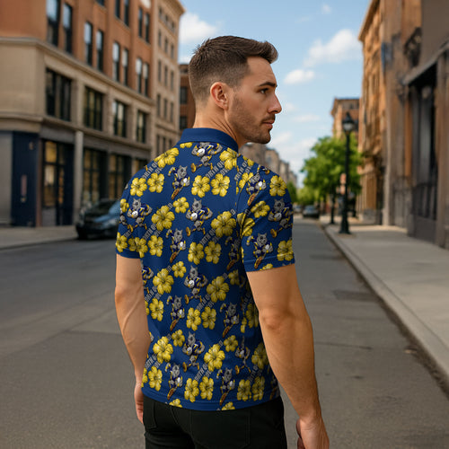 North Queensland Cowboys Zipper Polo Shirt Tropical Hibiscus Floral Seamless Rugby Mascot