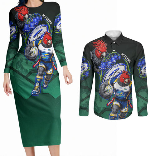 Personalized ACT Oztag Couples Matching Long Sleeve Bodycon Dress and Long Sleeve Button Shirt Australian Capital Territory Gang-gang Cockatoo Mascot Floral