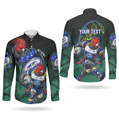 Personalized ACT Oztag Couples Matching Long Sleeve Bodycon Dress and Long Sleeve Button Shirt Australian Capital Territory Gang-gang Cockatoo Mascot Floral