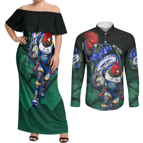 Personalized ACT Oztag Couples Matching Off Shoulder Maxi Dress and Long Sleeve Button Shirt Australian Capital Territory Gang-gang Cockatoo Mascot Floral