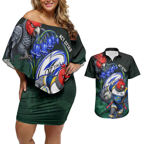 Personalized ACT Oztag Couples Matching Off Shoulder Short Dress and Hawaiian Shirt Australian Capital Territory Gang-gang Cockatoo Mascot Floral