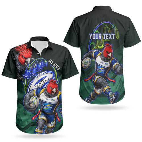 Personalized ACT Oztag Couples Matching Off Shoulder Short Dress and Hawaiian Shirt Australian Capital Territory Gang-gang Cockatoo Mascot Floral