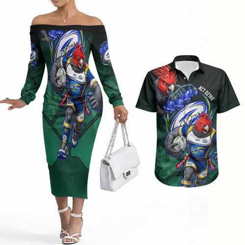 Personalized ACT Oztag Couples Matching Off The Shoulder Long Sleeve Dress and Hawaiian Shirt Australian Capital Territory Gang-gang Cockatoo Mascot Floral