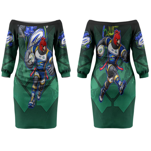 Personalized ACT Oztag Couples Matching Off The Shoulder Long Sleeve Dress and Hawaiian Shirt Australian Capital Territory Gang-gang Cockatoo Mascot Floral