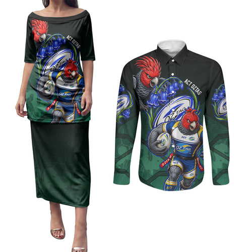 Personalized ACT Oztag Couples Matching Puletasi and Long Sleeve Button Shirt Australian Capital Territory Gang-gang Cockatoo Mascot Floral