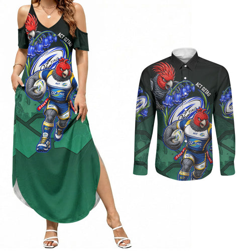 Personalized ACT Oztag Couples Matching Summer Maxi Dress and Long Sleeve Button Shirt Australian Capital Territory Gang-gang Cockatoo Mascot Floral
