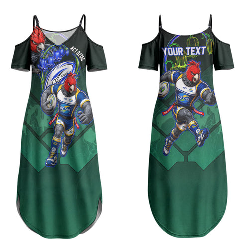 Personalized ACT Oztag Couples Matching Summer Maxi Dress and Long Sleeve Button Shirt Australian Capital Territory Gang-gang Cockatoo Mascot Floral