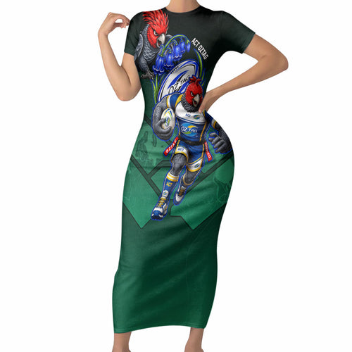 Personalized ACT Oztag Short Sleeve Bodycon Dress Australian Capital Territory Gang-gang Cockatoo Mascot Floral