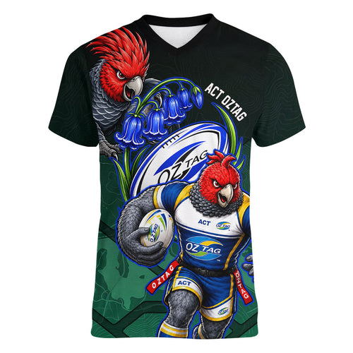 Personalized ACT Oztag Women V-Neck T-Shirt Australian Capital Territory Gang-gang Cockatoo Mascot Floral