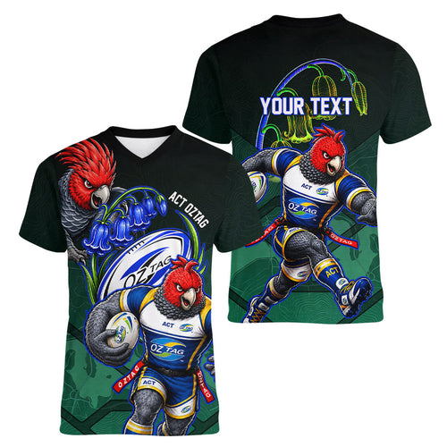 Personalized ACT Oztag Women V-Neck T-Shirt Australian Capital Territory Gang-gang Cockatoo Mascot Floral