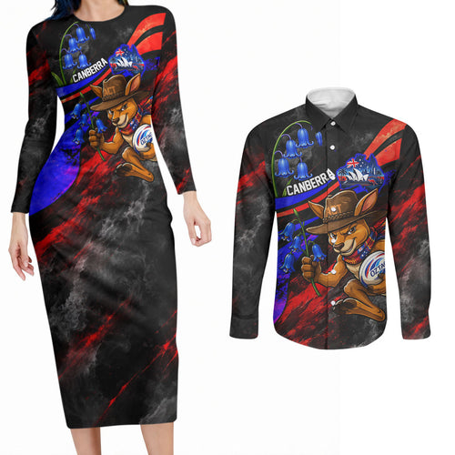 Personalized Australian Capital Territory Oztag Couples Matching Long Sleeve Bodycon Dress and Long Sleeve Button Shirt ACT Canberra Kangaroo Mascot Royal Bluebell