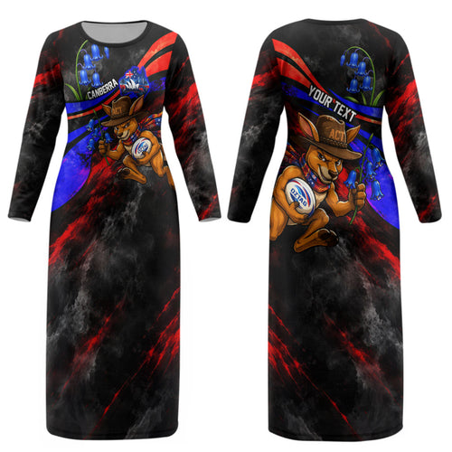 Personalized Australian Capital Territory Oztag Couples Matching Long Sleeve Bodycon Dress and Long Sleeve Button Shirt ACT Canberra Kangaroo Mascot Royal Bluebell