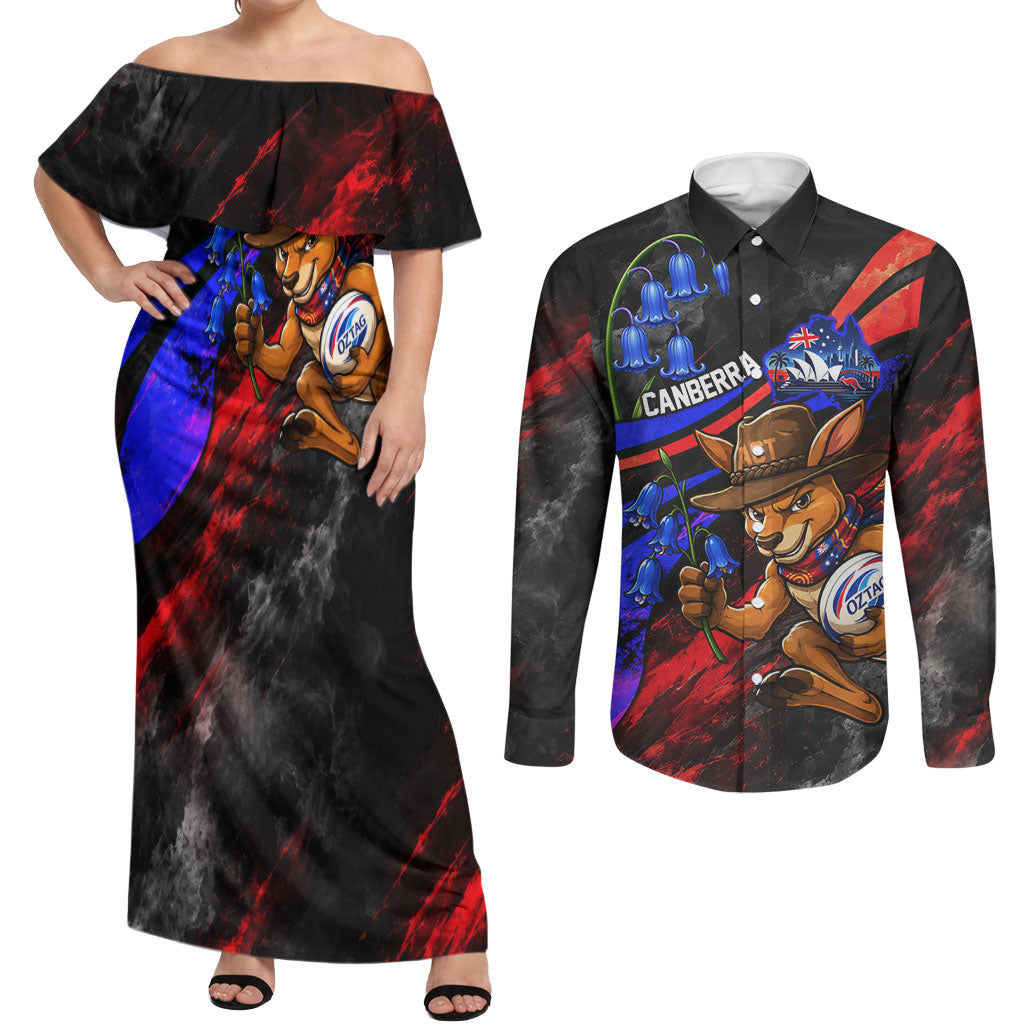 Personalized Australian Capital Territory Oztag Couples Matching Off Shoulder Maxi Dress and Long Sleeve Button Shirt ACT Canberra Kangaroo Mascot Royal Bluebell